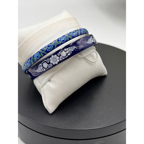 Vintage Michaela Frey Wiener Emailmanufaktur Blue Floral Enamel Bangle Set - Picture 3 of 8